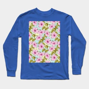 Pink Hibiscus Flowers Pattern Long Sleeve T-Shirt